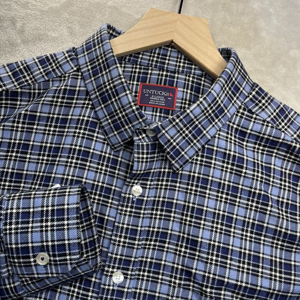 UNTUCKit Mens XL Blue Plaid Flannel Button Shirt Cotton Long Sleeve